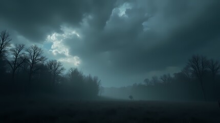 Obraz premium Dark clouds hung over the dark old forest, foreshadowing a thunderstorm