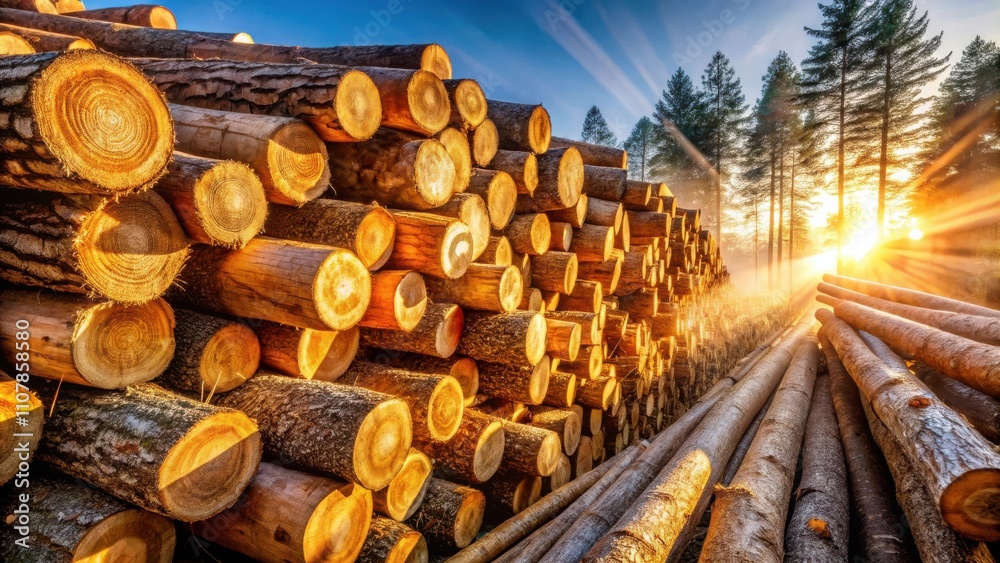 Poster A large pile of freshly cut logs basking in the warm glow of the setting sun, the rays filtering through the surrounding trees, creating a dramatic and ethereal scene.