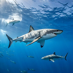 Fototapeta premium huge white sharks in blue ocean swim underwater