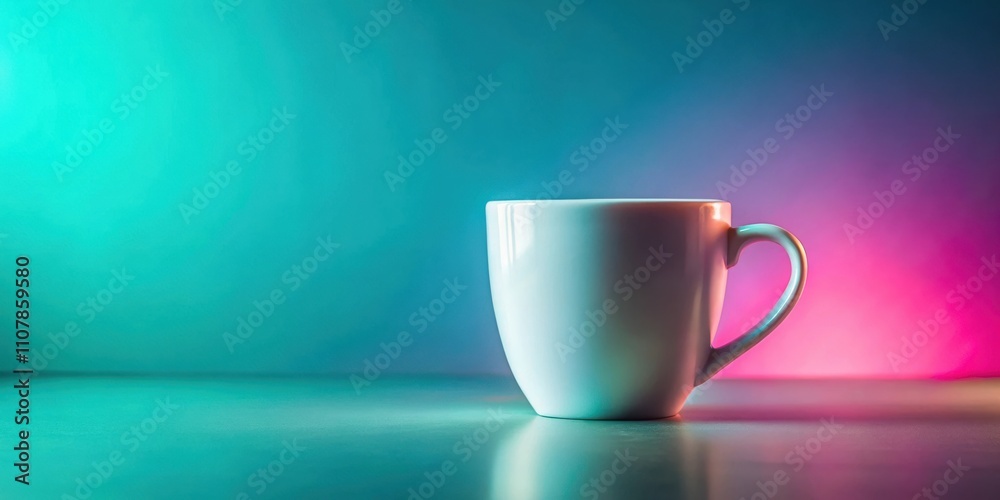 Poster A white ceramic mug with a handle sits on a surface in front of a colorful gradient backdrop of blue and pink light.