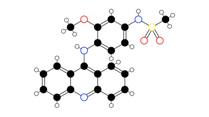 amsacrine molecule, structural chemical formula, ball-and-stick model, isolated image anticancer agent