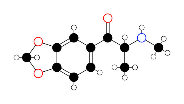 methylone molecule, structural chemical formula, ball-and-stick model, isolated image cns stimulant