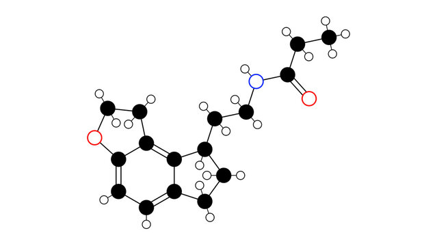 ramelteon molecule, structural chemical formula, ball-and-stick model, isolated image hypnotic