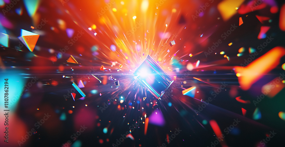 Aufkleber colorful abstract explosion with geometric shapes and vibrant light effects emanating from a central