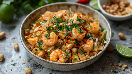 Savory shrimp pad thai garnished with fresh herbs and peanuts in a vibrant bowl. Generative AI