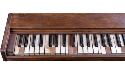 Vintage piano keys on wooden surface with transparent background