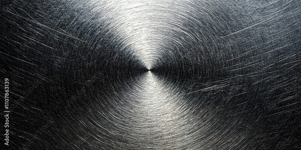 Poster metallic surface with concentric patterns reflecting light creates a unique visual effect