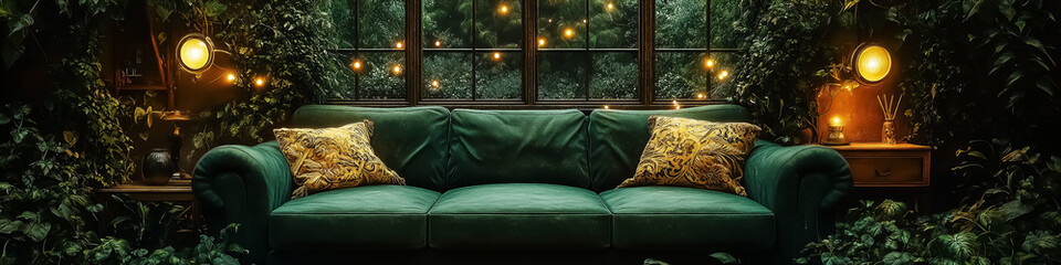 Cozy green velvet sofa surrounded by indoor plants and soft ambient lighting, perfect for wall art, wallpapers, and home decor inspired by nature.