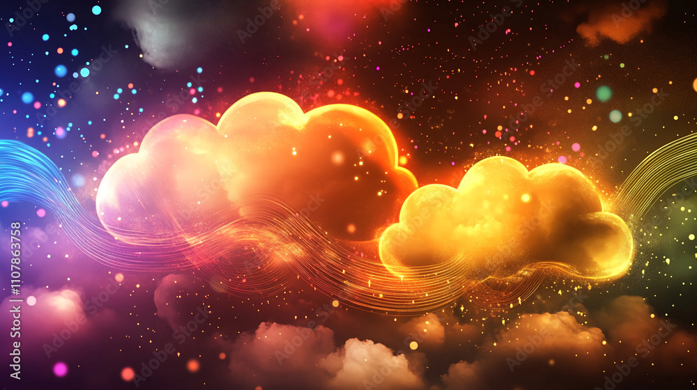 Poster Beautiful clouds illuminated by vibrant colors and sparkling patterns in a dreamy sky