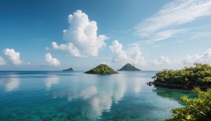 Tranquil islands reflected in a placid turquoise sea under a vibrant blue sky with fluffy clouds.