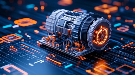 This futuristic electric motor symbolizes the analysis of markets with its digital overlay.