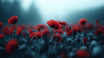 Obraz premium A serene landscape filled with vibrant red poppy flowers against a blurred blue background, showcasing a dreamy and ethereal field atmosphere at dawn or dusk.