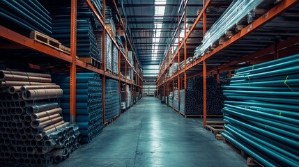 Obraz premium Stacks of PVC pipes stored in a warehouse