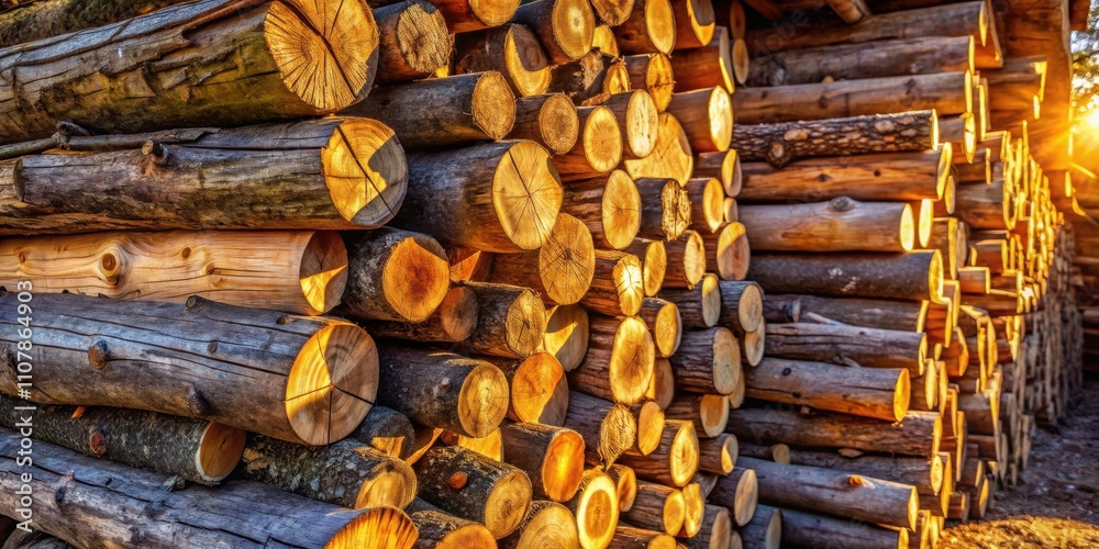 Poster a stack of logs illuminated by golden sunlight, their textured surfaces reflecting the warm glow