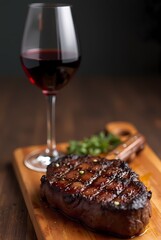 Ribeye steak on a wooden board, a glass of red wine on a long thin stem
