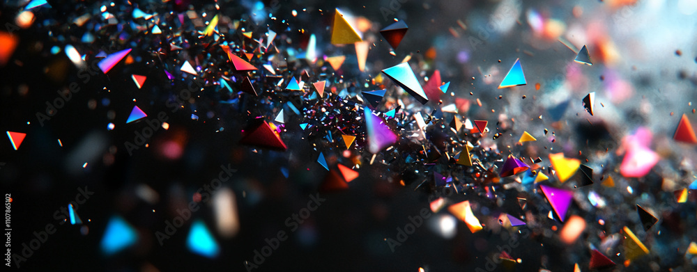 Poster colorful geometric shapes scattered in a dynamic display of light and movement