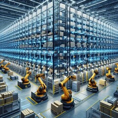 Obraz premium The inside of a vast, automated warehouse with robotic arms stacking crates