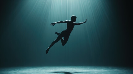 A silhouette of a male figure is captured in mid-air, suggesting dynamic movement, as he appears to leap or jump. The background is a gradient of deep, muted blues and soft rays of light casting a dra