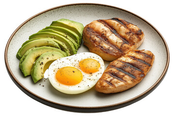 Grilled chicken, sliced avocado, and fried eggs on a plate