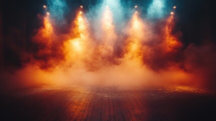 Fototapeta premium empty and mist filled dark stage backdrop with fog and warm brown spotlights showcasing artistic works and product
