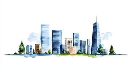 Fototapeta premium Trees, roads, and buildings are depicted in a watercolor cityscape; they symbolize the greenery and planning of an urban environment.