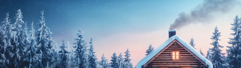 Wide banner. Cozy cabin in a snowy landscape with a glowing chimney at dusk.