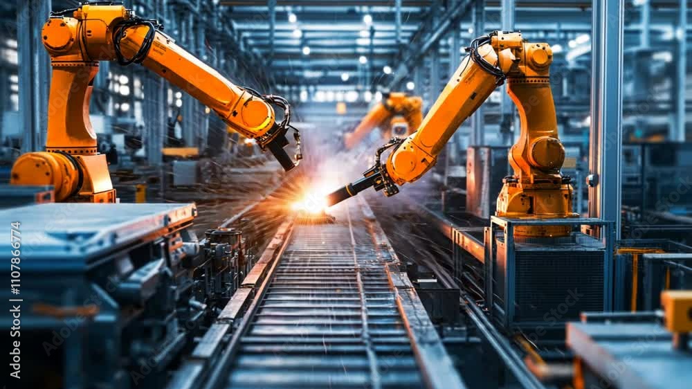 Wall mural automated steel plant with robotic arms and ai-controlled machinery working in sync.