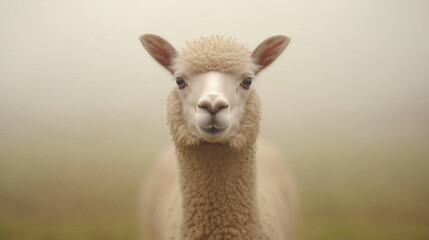 Fototapeta premium A baby llama is standing in a field with a blurry background