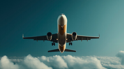Fototapeta premium Airplane flying above clouds with landing gear down against a clear blue sky, viewed from below.