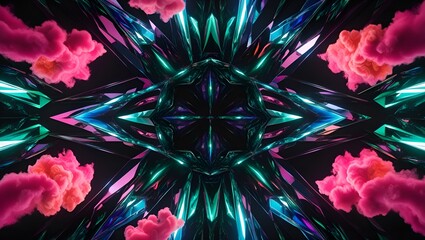 Prism reflections and abstract light refraction combine geometric shapes with bright neon light effects to produce dazzling, colorful patterns and shapes on a dark background.