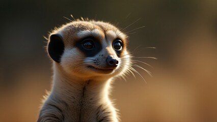 Fototapeta premium A close-up of a meerkat, 60% face, 40% body. Its alert eyes, small ears, and slender body stand out, surrounded by soft lighting that highlights its vigilant, curious nature.