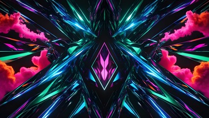 Prism reflections and abstract light refraction combine geometric shapes with bright neon light effects to produce dazzling, colorful patterns and shapes on a dark background.