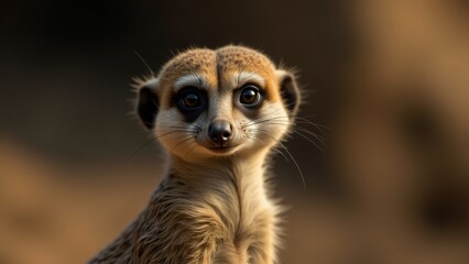 Fototapeta premium A close-up of a meerkat, 60% face, 40% body. Its alert eyes, small ears, and slender body stand out, surrounded by soft lighting that highlights its vigilant, curious nature.