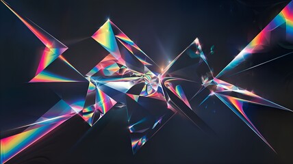Prism reflections and abstract light refraction combine geometric shapes with bright neon light effects to produce dazzling, colorful patterns and shapes on a dark background.