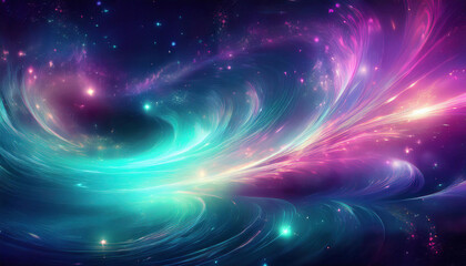 Fototapeta premium A vibrant cosmic scene displays swirling colors of turquoise and magenta nebulae against a dark space background with glowing stars.