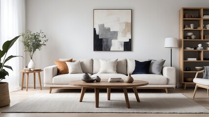 White living room with sofa. Scandinavian interior design. 3D illustration