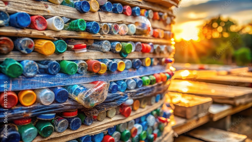 Poster A whimsical and colorful structure created by stacking a diverse array of bottle caps against a backdrop of golden sunset light