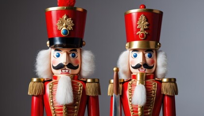 Two traditional nutcrackers in red uniforms, facing forward, with gold accents and white fur trim, on a gray background.
