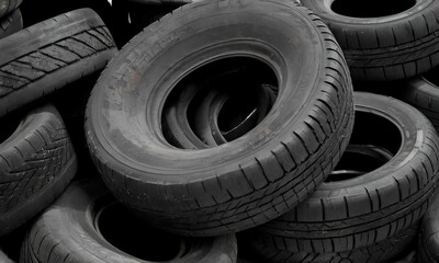 Obraz premium A tall stack of old, weathered car tires piled together, showing wear and tear from years of use.
