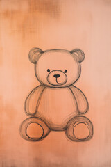 Fototapeta premium Simple teddy bear outline in brown on a soft peach canvas