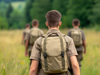 Boy Scouts hiking on a trail, teamwork