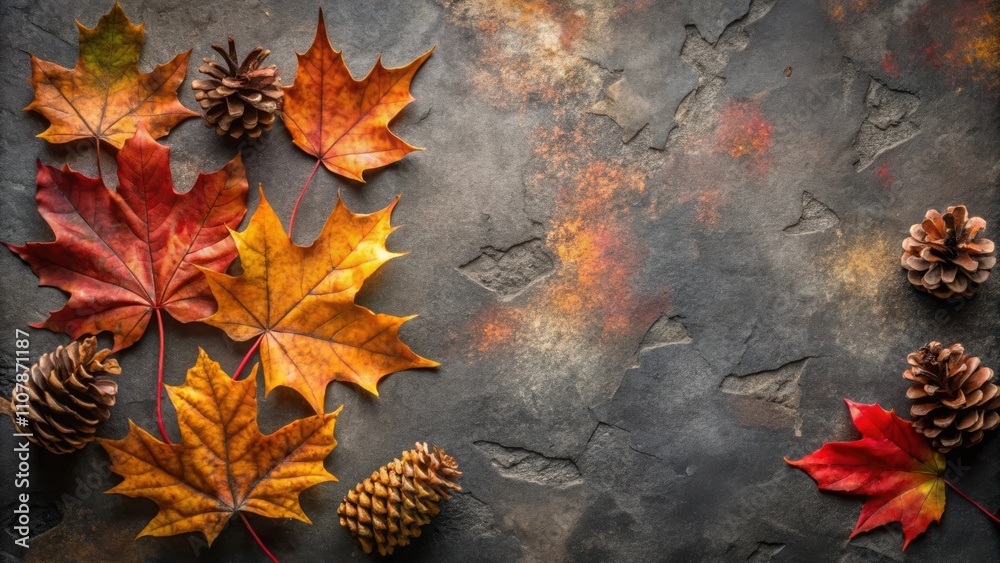 Poster autumnal display of maple leaves and pine cones on a dark gray background