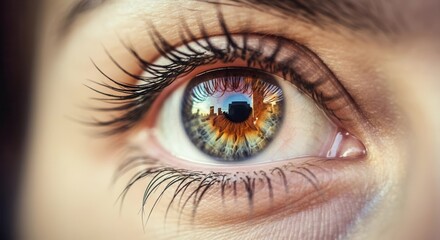 Fototapeta premium Close-up of human eye reflecting urban skyline