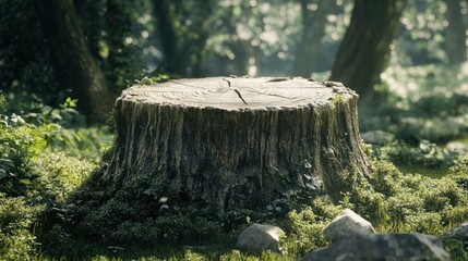 Fototapeta premium A weathered tree stump sits in a lush forest clearing