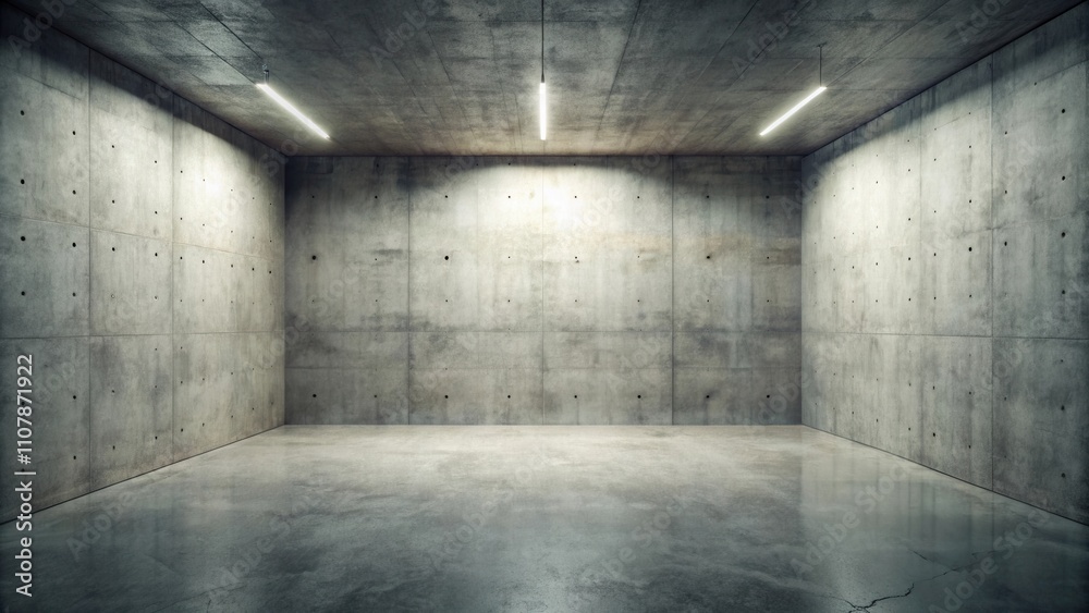 Aufkleber a minimalist room with concrete walls and a polished floor, illuminated by linear lights hanging fro