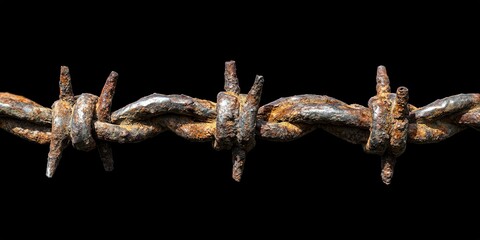 Rusty barbed wire close-up highlighting weathered texture and aged metallic elements in stark contrast against a black background