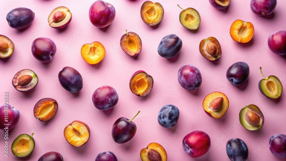 Poster a vibrant arrangement of fresh plums, halved and whole, displayed against a soft pink background, cr