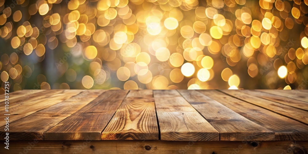 Poster rustic wooden tabletop with a golden bokeh background, perfect for product display or festive mockup