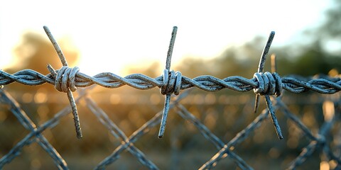 Barbed wire fence glistens in morning light at a rural location showcasing nature's tranquility and raw beauty