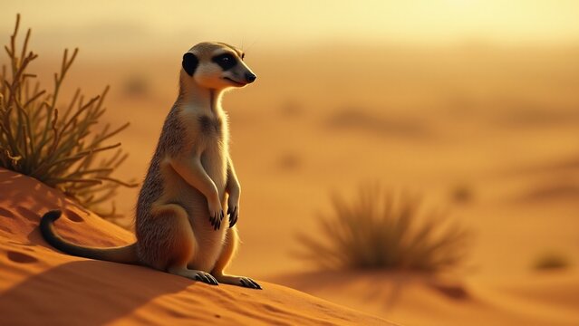 A meerkat standing or burrowing in the dry savanna. Its alert gaze contrasts with the harsh, dusty environment, highlighting its adaptability and connection to the vast, open landscape.